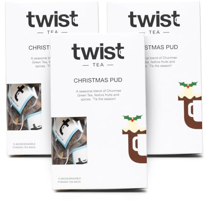 Twist Teas - Christmas Pud – 45 Plastic-Free Teabags | Chunmee Green Tea with Cinnamon, Apple Pieces, Rosehip, Freeze-dried Cranberry, Lemon and Orange Peel | Caffeine-Free, Sugar-Free (3 x 15 Pack)