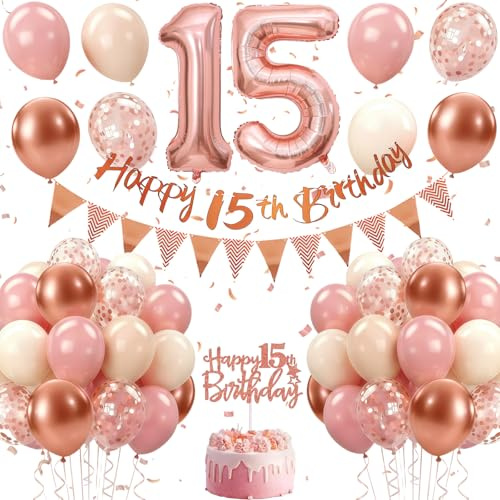 15. Geburtstag Deko Roségold, Luftballon Deko 15. Geburtstag für Jungen und Mädchen, Rosé gold Vintage-Rosa Rose-gold-Pailletten Luftballons Girlande mit Tortendeko für Geburtstagsdeko 15 Jahr