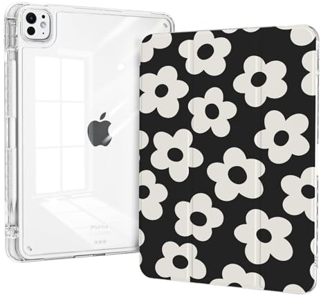 Piznernico Case for iPad Pro 13 Inch M5 (2025), iPad Pro 13 M4 Chip (2024) Case with Pencil Holder, Stable Trifold Stand, Slim Shockproof Transparent Clear Back Cover, Auto Wake/Sleep, Black Daisy