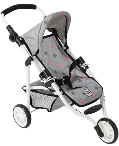 Bayer Chic 2000 Puppenjogger Lola | Sportlicher 3-Rad Buggy Sternchen Grau | Sportlicher 3-Rad-Puppenjogger mit Sonnendach für Puppen bis 50 cm. Sternchen grau, wendig & robust. Zeitloses Design.
