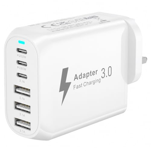 USB and USB C Plug UK, 6-Port 60W iPhone Charger Fast Charge Multiple USB plug UK, USB-C Charger Type-C Power Adapter for iPhone 17 16 15 14 13 12 11 Pro Max Plus X 8 7 6 SE, Samsung Galaxy, iPad