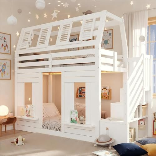 Mrwoo Etagenbett 90x200cm, Hochbett mit LED, Kinderbett mit Rausfallschutz, Treppe mit Stauraum, Fenster-Form, Weiß (Ohne Matratze) (Weiß, 90x200cm)