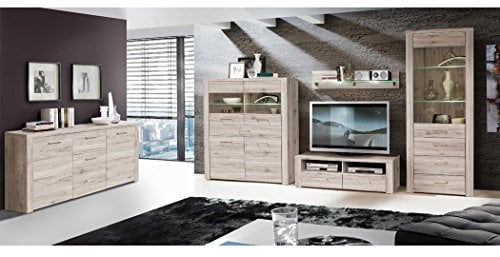 Wohnzimmer Phil 32 Sandeiche 5-teilig Wohnwand mit Beleuchtung Medienwand Vitrine Lowboard Wandboard Sideboard