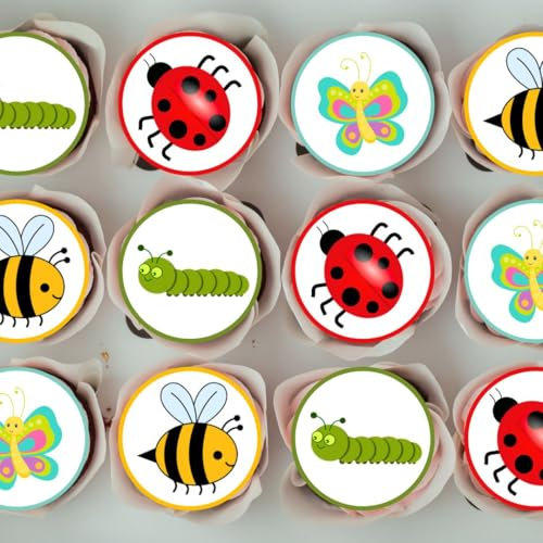 Cute Insect Edible Cupcake Toppers – Bumble Bee, Ladybird, Caterpillar, Butterfly, Fun Bug-Themed Cake Decorations for Birthdays & Garden Parties – Wafer Card 24 x 4cm/1.5 Inch Disc (PRECUT)