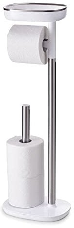 Joseph Joseph Bathroom EasyStore Free Standing Toilet Paper Roll Holder with small storage shelf, Stainless Steel, 24 , White / Steel