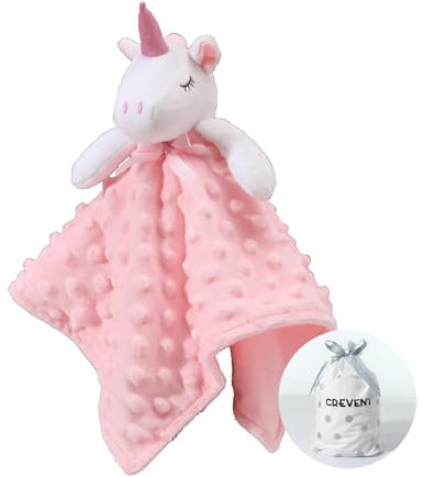 CREVENT Baby Comforting Security Blanket for Baby Boys and Girls, Minky Dot Front + Sherpa Backing (Pink Unicorn)