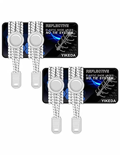 YIKEDA Elastic Laces 2 Pairs of Reflective Elastic Shoelaces for Adults/Kids No Tie Elastic Lock Shoe laces Suitable for Sneakers Hiking Shoes Board Shoes Casual Shoes Boots (White)