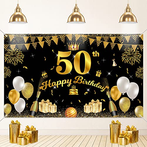 50. Geburtstag Banner Schwarz Gold,50. Geburtstag Dekoration 50. Extra Großes Banner, 50.Schwarz Gold Happy Birthday Banner, 50.Stoff Zeichen Poster Hintergrund Banner, 50. Mann Geburtstag Banner