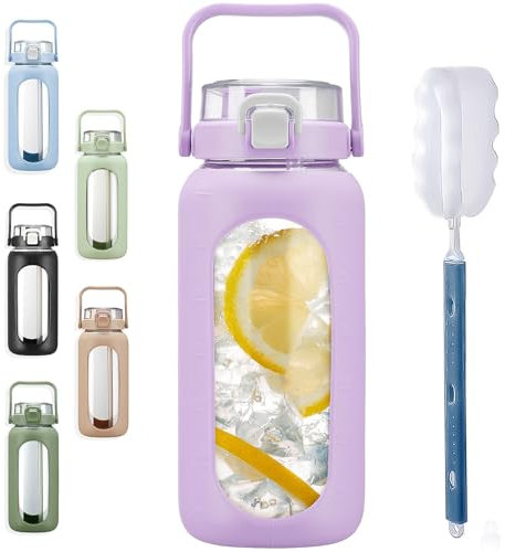 BLUEGO 2L Gourd en verre Avec paille Marqueur de temps Bouteille d'eau Motivation avec manchon en silicone 2 litres Grande carafe d'eau en Verre pour Gym, sports et entraînement, Violet