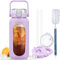 BLUEGO 2L Gourd en verre Avec paille Marqueur de temps Bouteille d'eau Motivation avec manchon en silicone 2 litres Grande carafe d'eau en Verre pour Gym, sports et entraînement, Violet