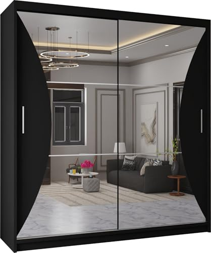 MN Furniture Modern Double Sliding Door Wardrobe 2 Mirrored Hanging Rails & Shelves Storage Cabinet for Bedroom (California Black, 150cm)