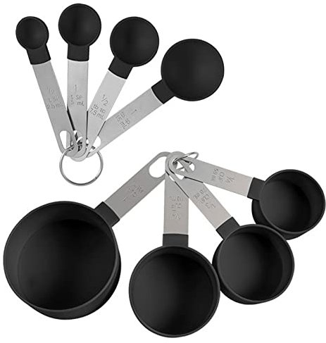 Olymajy Cuillère à Mesurer, Cuillères Doseuses En Acier Inoxydable, Ensemble de 8 tasses et cuillères à mesurer en plastique bleu, ustensiles de cuisine pour liquides et solides (noir)