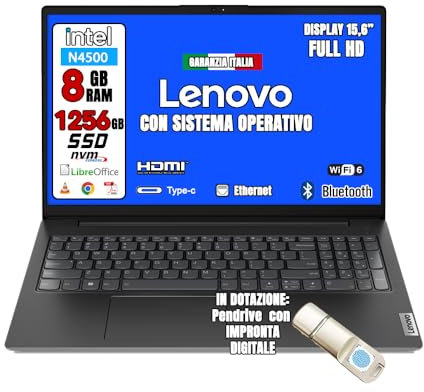 LENOVO Notebook NUOVO • CPU Intel n4500 fino a 4,4ghz • Monitor 15.6 Full HD • HSSD 1256 GB • Ram 8GB • Ingresso LAN, HDMI, USB • Sistema operativo WIN 11 PRO e Libre Office • PENNA FINGER PRINT USB
