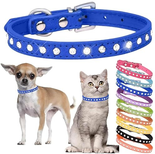 Hundehalsband mit Strasssteinen, niedliches Kristall-Diamant-Katzenhalsband, weiches Leder, Kätzchen-Welpenhalsband, verstellbar, für kleine, mittelgroße Hunde, Dunkelblau, XXS