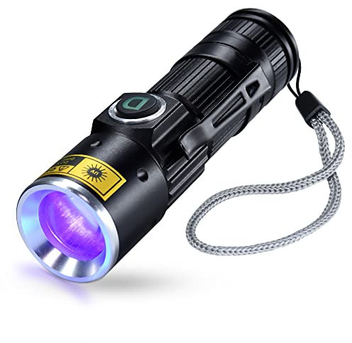 DARKDAWN UV Lampe Torche USB Rechargeable 395nm, Lampes de Wood Lumière Noire Ultraviolette LED Portable Mini Zoomable, Détecteur de taches, d'urine d'chat, Fluorescent, Ambre, Résine Epoxy, 400nm