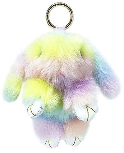 Xsclpomddy Porte-clés en forme de lapin mignon et doux en fausse fourrure de lapin pour voiture, sac à main, porte-clés arc-en-ciel, Arc-en-ciel, 6in