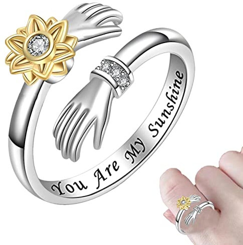 Povanjer Sunflower Fidget Spin Rings You Are My Sunshine - Sonnenblume Initial Spinner Ring | Verstellbare Daumenringe aus Sterlingsilber, Blumen-Zappelring aus Sterlingsilber für Mädchen und Frauen