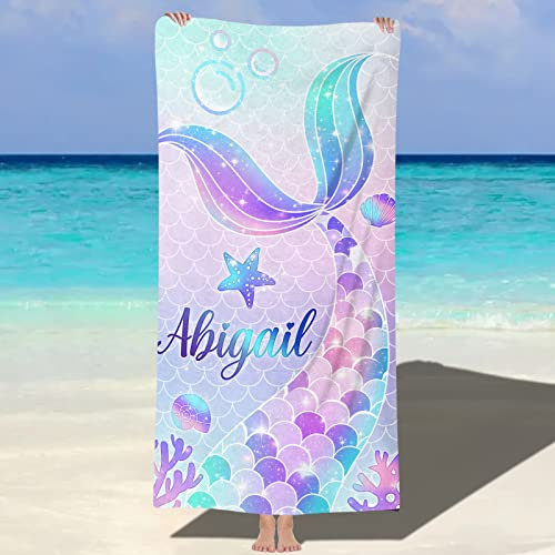MJARTORIA Personalisierbar Handtücher mit Text, Mikrofaser Strandtuch Obst, Sandfrei, schnell trocknend und leicht Meerjungfrau Camping Badetuch für Schwimmen Mädchen Kinder 76 x 150 cm