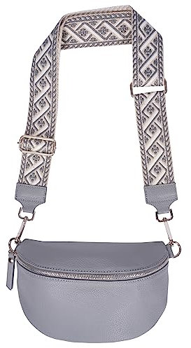 Umhängetasche Crossbody Bag Gürteltasche in Gr. M aus 100% Leder mit breitem Gurt - Helen (hellgrau)