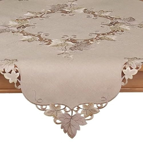 Raebel OHG Tischdecke Mitteldecke Tischläufer Deckchen Kissenhülle Herbst beige braun Bestickt mit Blättern Leinenoptik (85 x 85 cm)