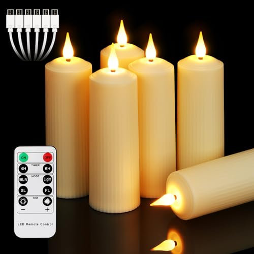 ZIYOUDOLI 6er LED Kerzen Wiederaufladbaren Aufladbare mit Fernbedienung Elektrische Outdoor kerzen mit Timer Wasserdicht Römische Säulenmodellier LED Kerze (5x17cm) Type-C Aufladen