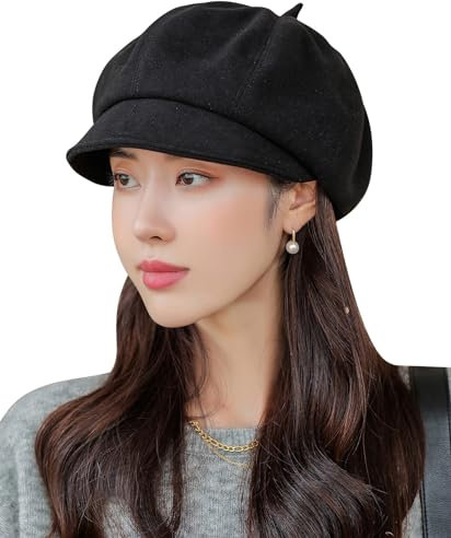 FEOYA Damen Ballonmütze Basic Schirmmütze Vintage Barett Mütze Elegant Wintermütze mit Schirm Stil A-Schwarz