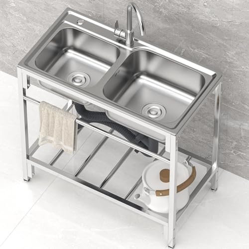 Fregadero multiusos de acero inoxidable, doble cuenco, comercial, para restaurante, antidesbordamiento, con grifo y estantes para jardín, cocina, lavandería, garaje, exterior