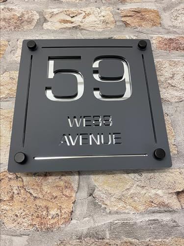 One of a Kind UK Personalised House Sign Custom Door Number Plaque for Outside with Street Name 180x180mm UV Stable Weatherproof Acrylic 7 Colour Options Modern Floating Design – Grey