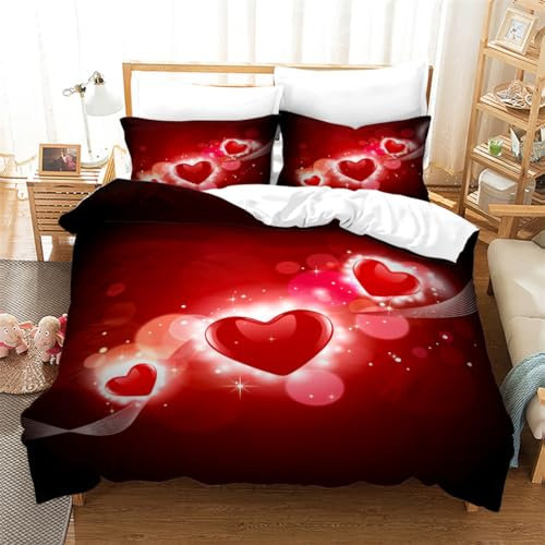 Tomifine Partner Bettwäsche Set 2/3 Teilig Rot Rosen Blumen Herzen Muster Weiß Paare Bettbezug Romantisch Microfaser Partnerbettwäsche Set (135x200cm/80x80cmx1,Herz c)