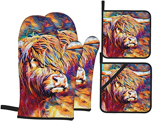 Oven Mitts And Pot Holders Set Of 4 Highland Cow Heat Resistant Kitchen Oven Glove For Cooking Baking Grilling
