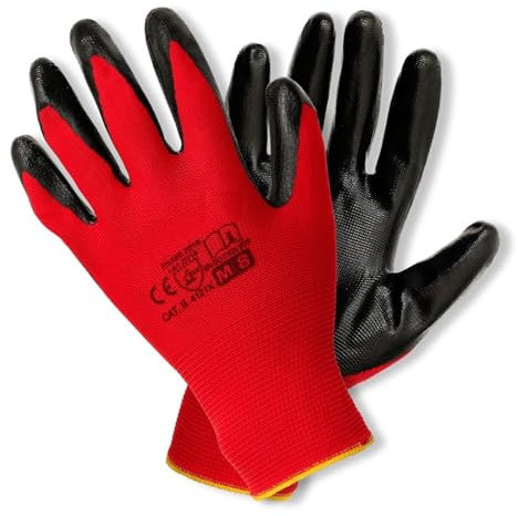 SolaDirect 1 Pair of Work Gloves, Heavy-Duty Nitrile Coated Protective Gloves, Secure Fit, Anti-Slip Grip, Wear Resistant - Ideal for Builders, Garden & General Duty Work (Red, Medium)