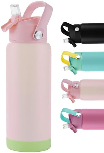 VUNKQU Stainless Steel Water Bottle with Straw, 500ml/18oz Insulated Water Bottles with Straw, Flip up Metal Vacuum Flask for Hot and Cold Drink Leak Proof, Great for Camping Sports- Light Pink