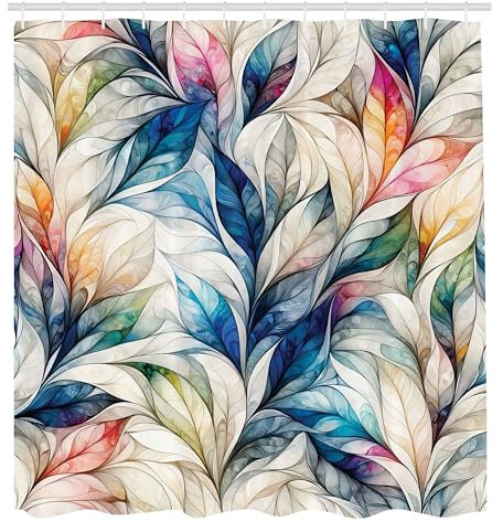 ABAKUHAUS Bunt Duschvorhang, Traumhafte Ansammlung von Fantasy Wald Blättern mit mystischer Botanik Aura, Stoffliches Gewebe Badezimmerdekorationsset mit Haken, 175 x 200 cm, Aqua Beige Mehrfarbig
