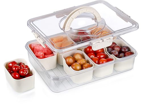 Hejo Bandeja Aperitivos con Tapa, Bandejas Plastico para Snacks, Plato de Aperitivos con 8 Compartimentos, Soporte para Snacks con Asa, Soporte para Frutas, Organizador para Caramelos, Frutos Secos