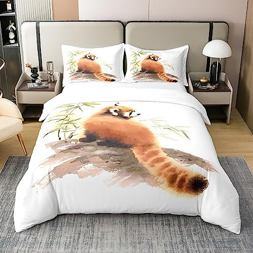 Loussiesd Roter Panda 100% Baumwolle Bettwäsche Set 135x200cm Tier Thema Betten Set Wildlife Stil Bettbezug Set für Jungen Schlafzimmer Dekor Aquarell Bettwäsche Weiß mit 1 Kissenbezug