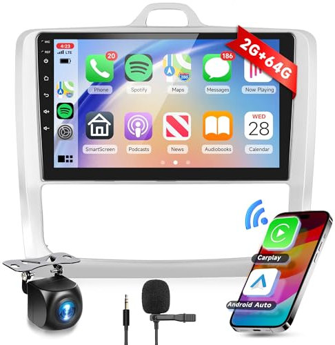 2G+64G Wireless Carplay Android 13 Autoradio 2 Din per Ford Focus Mk2 Mk3 Exi MT 2 3 2004-2011 9 Pollici Autoradio con Android Auto GPS Navi WiFi Mirror Link Bluetooth FM/RDS/DAB Telecamera Posteriore