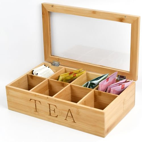 Maison Des Cadeaux Wooden Tea Box Kitchen Storage Organiser, Bamboo Tidy Tea Bag Holder, 8 Compartments