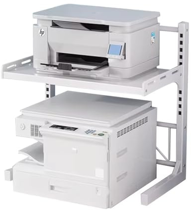LUTODY - Estantería Organizador Multifuncional, 2 Niveles, Metal, con Ganchos Auxiliar, Microondas, Tostadora, Impresora, Escáner para hogar, Casa, Oficina, Despacho, Multiuso (Blanco)