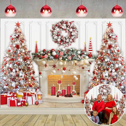 Telón de fondo de Navidad para chimenea, guirnalda de árbol de Navidad, color rojo y blanco, fondo de fotografía, fondo de invierno, para familia, niños, vacaciones, fiesta, decoración (8 x 6 pies)