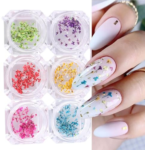 EYVRPAU 6 Stück Nail Art Flowers Set Decoration,Gelnägel Zubehör 6 Farben,Nail Art Aufkleber trockene Blumen Kit getrocknete Blumen Zubehör Set DIY Nageldekoration