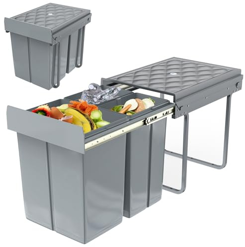 UISEBRT Soptunna kök underskåp installation avfallshink utdragbart avfallssepareringssystem med rutschkana konstmaterial grå 【2 x 20 l 1 x 10 l】