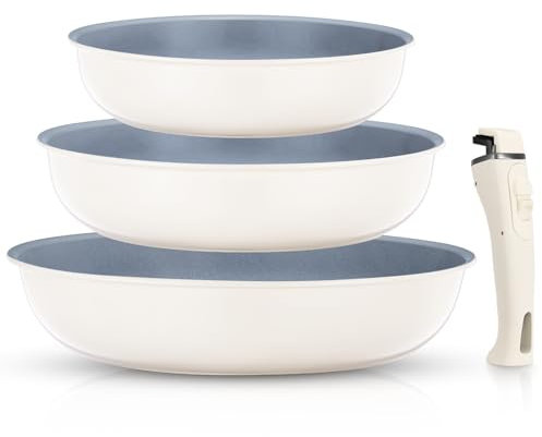 FOHERE Padelle Antiaderenti con Manico Removibile, Set 4 Padelle in Ceramica 20/24/28 CM, Padelle Induzione Per Tutti I Piani Cottura, Lavabile in Lavastoviglie e Forno, Padella Alluminio, Grigio