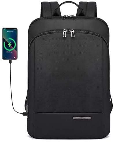 Laptop Backpack, Men & Women Business Travel Computer Bag with USB Charging Port, Rucksack for College, Fits for 15.6'' Laptop, Water Resistant & Lightweight, Black (Black)