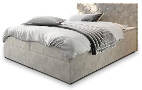Masseno Boxspringbett Riva 140x200 cm Komplett-Set mit Matratze und Topper, Polsterbett mit Zwei Bettkästen -Beige, Magic Velvet 2250