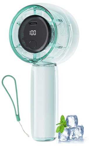 Vurlexat Handheld Fan with Light, Portable Type-C Rechargeable Fan with Lanyard, Lightweight Hand Held Mini Fan with LED Display and Speed Adjustment for Stylish Girl Women Men Indoor Outdoor (Green)