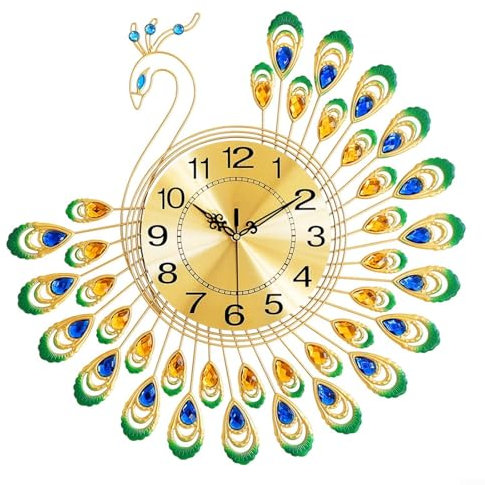 UTTASU Luxus 3D Pfau Wanduhr, 38,1 cm leise Metall, moderne Kunstdekoration für Wohnzimmer, Schlafzimmer, Küche, Büro