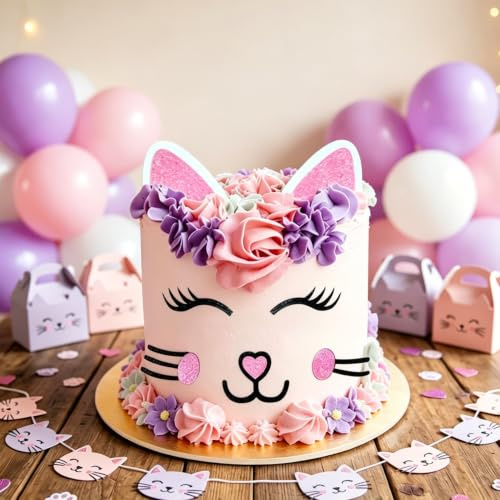 Cat Face Cake Topper Kitten Ears Eyelashes Cake Topper Set | Cat Themed Birthday Party Cute Meow Birthday Party Baby Shower