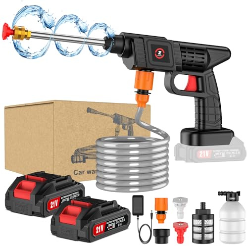 Nettoyeur haute pression sans fil, 50 bar, nettoyeur haute pression avec 1 batterie, chargeur et tuyau de 5 m, pour le lavage et l'arrosage de la voiture (2 x 1500 mAh)