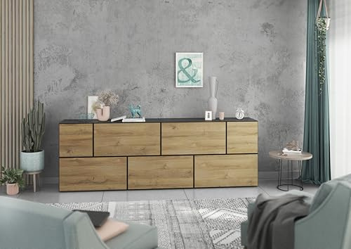 BMG Möbel Modul+ Wohnzimmer Sideboard/Lowboard Set 7 TLG. in wählbar in 8 modernen Farbkombinationen, MDF Fronten mit Softclose 228 cm (Anthrazit - Evoke Eiche)
