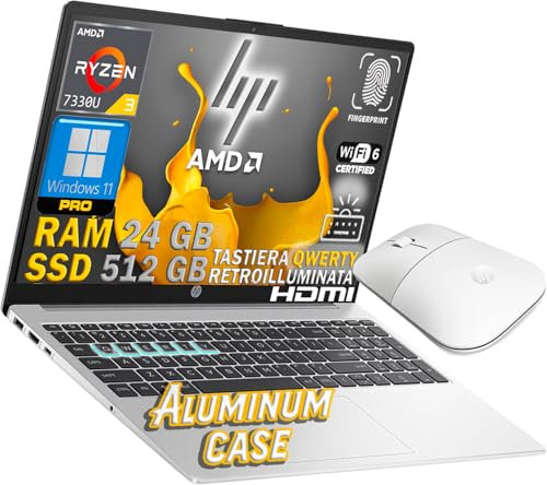 HP 255 G10 - Ordenador portátil (aluminio Slim, AMD Ryzen 3 7330, RAM de 24 GB, SSD Nvme 512 GB, Full HD 15.6, teclado retroiluminado, Fingerprint, Wi-fi 6, Win 11 Pro, ratón a juego Ceramic